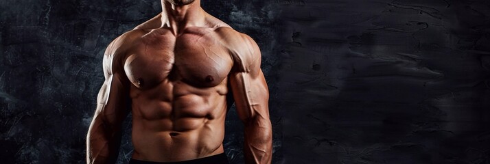 American man fitness model torso in black top with well defined abdominal muscles