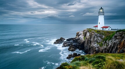 Fototapeta na wymiar Dramatic Coastal Lighthouse Overlooking Turbulent Seascape with Stormy Skies