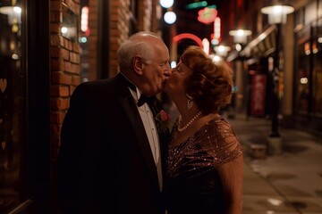 Love in old age where an elderly couple in tuxedos and evening dress kiss in the evening in a party...
