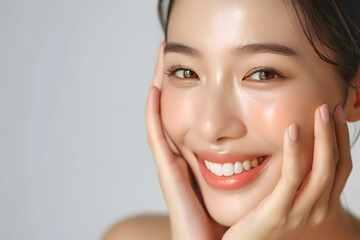 Young Asian woman touch face with smooth healthy skin