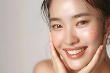 Young Asian woman touch face with smooth healthy skin