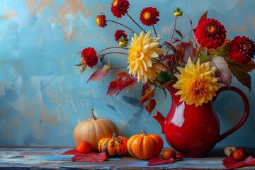 Beautiful autumn floral still life with a beautiful yellow dahlia in a vintage red jug and a...