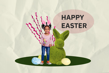 Composite collage image of funny cute girl bunny ears rabbit grass bush easter concept weird freak...