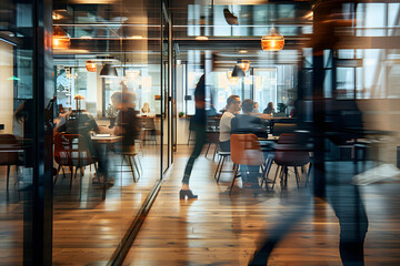 Blurred office with people working behind glass wall - obrazy, fototapety, plakaty
