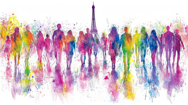 A group of people walking in a city with a tall tower in the background. The people are walking in a rainbow of colors, creating a vibrant and lively atmosphere. Concept of unity and diversity