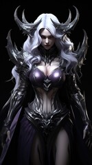 Fototapeta premium girl devil in the hood with horns, long white hair, and large black wings, with bleeding purple eyes, armor dressed, and angry expressions on her face, character fantasy, the devil women
