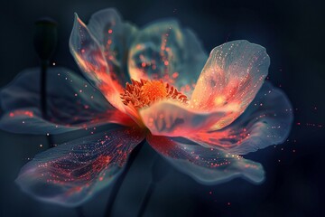 Ethereal flower, glowing softly, multicolor aura, particles dancing, serene night, enchanted bloom
