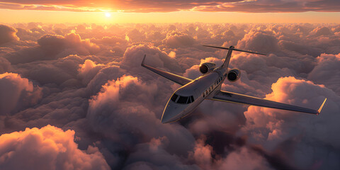 Private jet flying over the clouds  photo - obrazy, fototapety, plakaty