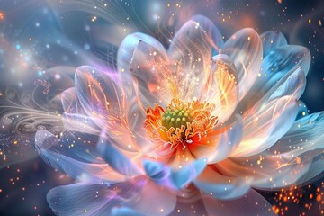 Obraz premium Multicolor bloom, glowing core, sparkling particles, ethereal beauty, enchanting floral display