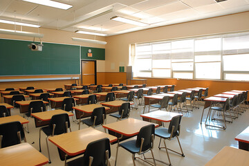 An empty classroom with neat rows of desks and chairs, chalkboard, and natural light filtering through the windows. Generative AI
