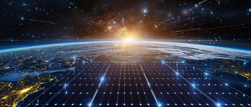 Giant leap in renewable energy, space-based solar station, Earthrise view, glowing panels, wide lens