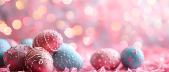 Colorful Easter eggs, pink background, copy space Decorative patterns, soft bokeh lighting