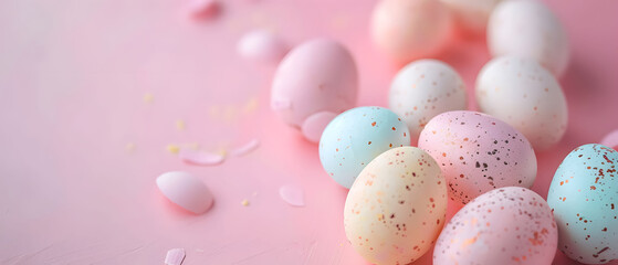 Fototapeta na wymiar Colorful Easter eggs, pink background, copy space Decorative patterns, soft bokeh lighting