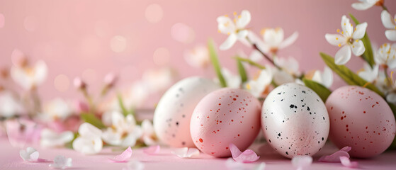 Obraz na płótnie Canvas Colorful Easter eggs, pink background, copy space Decorative patterns, soft bokeh lighting