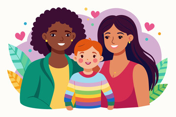 Two moms with their son. Cartoon vector illustration