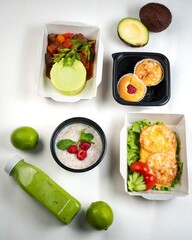 set of healthy food on a white background in boxes