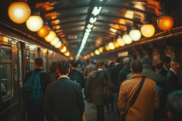 A crowded subway platform packed with office workers waiting for the train, dressed in suits and ties, checking their watches and smartphones while they commute to work