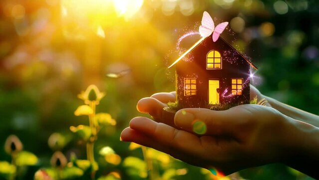Small house in human hands. New house and real estate concept.