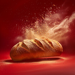 Sensory delight: Bread centerpiece amidst scarlet with golden accents - obrazy, fototapety, plakaty