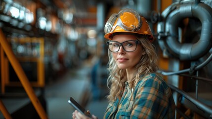 caucasian older female chief engineer in modern industrial factory using tablet and making audit