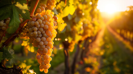 Golden sunrise shining on ripe vineyard grapes