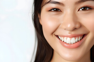 Obraz premium Closeup Beautiful smiling asian young woman with smooth healthy skin isolated on white background