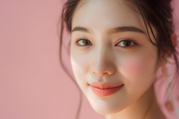 Fototapeta premium Closeup Beautiful smiling asian young woman with smooth healthy skin isolated on white background
