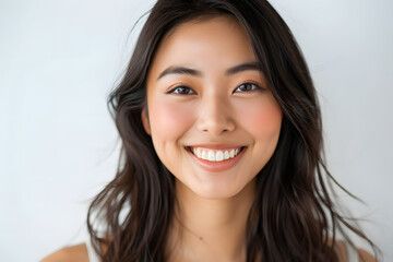Closeup Beautiful smiling asian young woman with smooth healthy skin isolated on white background