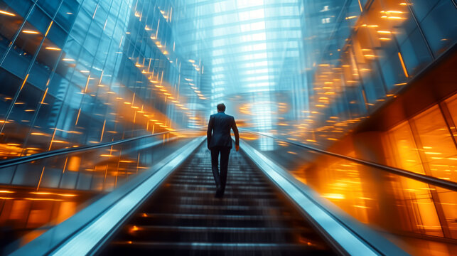Confident businessman ascending on escalator in illuminated building