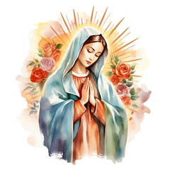 A Watercolor Our Lady Clipart is praying, Isolated on transparent PNG background, Generative ai