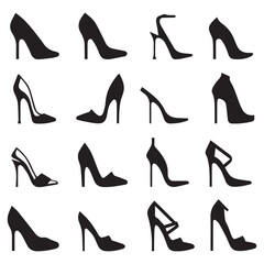 Set of black high heel shoes silhouettes isolated on white background.