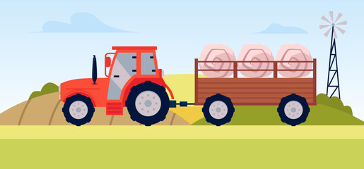 Fototapeta premium Vector illustration of agricultural machinery: a tractor with a trailer filled with round bales of hay