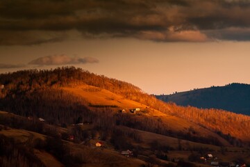 Aerial view of a Dark and moody autumn isolated landscapes in Apuseni Mountains, Romania