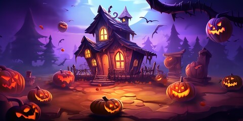 a cartoon of a house with pumpkins and bats
