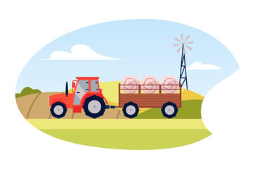 Vector illustration for agriculture: A red tractor on a trailer transports large bales of hay across farm fields