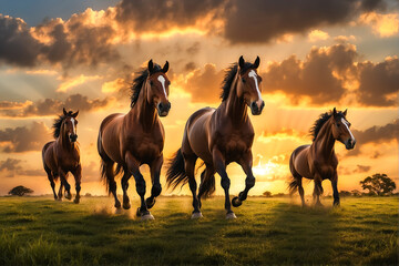 Manada de Cavalos crioulos correndo livremente ao  ao pôr do sol no Pampa Gaúcho, sul do Brasil - obrazy, fototapety, plakaty