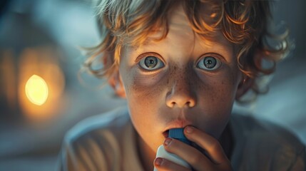 Asthmatic child reaching for an inhaler, focus on the struggle - obrazy, fototapety, plakaty