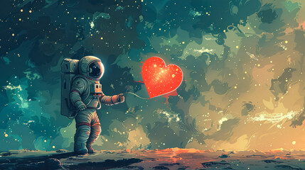Cute Astronaut Holding Heart in open space. Love Universe, cosmos. Cosmonautics day greeting card, lovely cosmic poster. Cartoon Illustration. Spaceman explore gravity. Copy space
