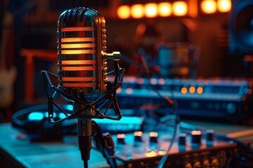 a microphone in front of a sound board - obrazy, fototapety, plakaty