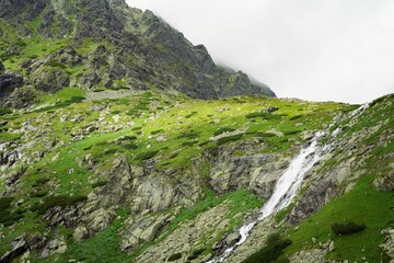 Scenic view of a small, cascading waterfall flowing through a verdant mountain landscape