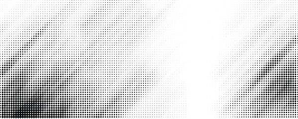 Halftone faded gradient texture. Grunge halftone grit background. White and black sand noise wallpaper. Retro pixilated vector backdrop - obrazy, fototapety, plakaty