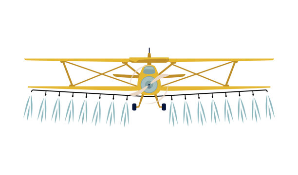 Airplane spraying fertilize, agricultural farming machinery, vector chemical fertilizers spraying with crop duster plane