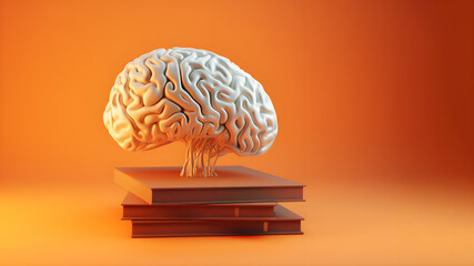 a white brain on top of books