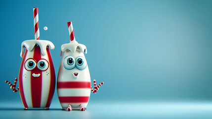 A cute two milk bottle character with eyes, hands and legs having fun. blue background. - obrazy, fototapety, plakaty