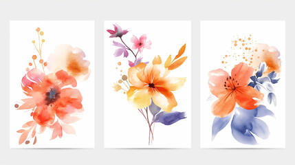 Set of cards with watercolor hand drawn blots. Abstract flowers canvas painting templates. Illustration template for design poster, card, invitation, placard, brochure, flyer. Watercolor texture.