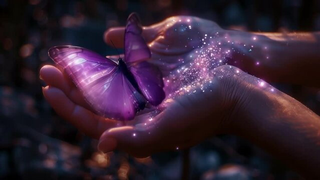 A glowing purple butterfly resting on a hand with all seven chakras symbolically represented. The butterfly seems to radiate a sense of ancient knowledge and metaphysical