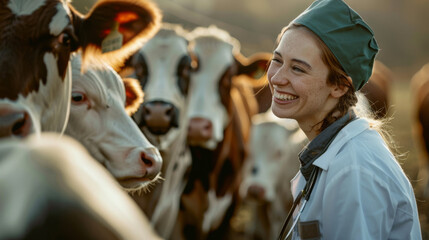 Fototapeta na wymiar A smiling veterinarian with a stethoscope stands in front of cows in a field at sunset.
