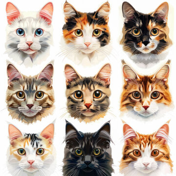 Cute realistic watercolor cats set. Kitten heads cartoon illustration, domestic pet character design. Different kitten breeds illustration. kitty graphics. Pet shop clip art. Sticker set, print, card