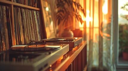 Cozy home music corner with vinyl record player at sunset
