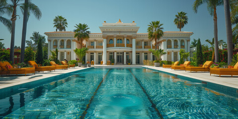 Chic resort with a luxurious pool, surrounded by Persian architecture and lush greenery.